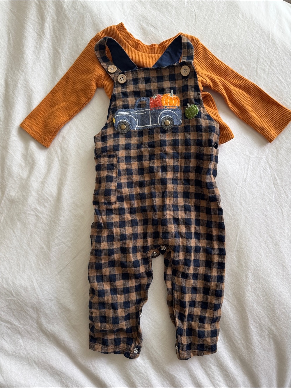 Mud Pie Navy and Tan Checkered Overalls with Truck Design